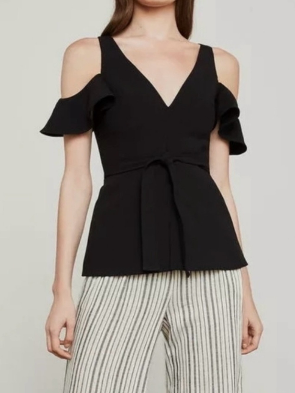 BCBGMaxAzria Black Cold-Shoulder Tie-Waist Blouse